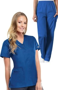 Cherokee Workwear Women's Snap Front Solid Scrub Top & Elastic Waistband Cargo Sc