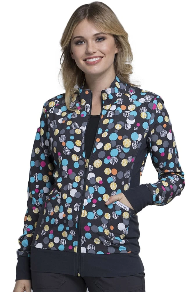 Cherokee Clearance Women's Zip Front Warm-Up Polka Dot Print Scrub Jacket