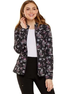 Heartsoul Clearance Women's Zip Front Warm-Up Owl Print Scrub Jacket
