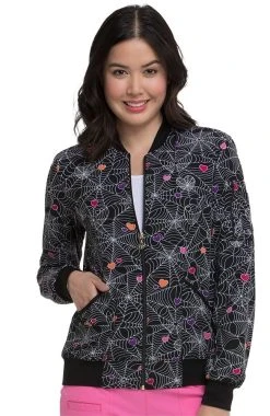 Heartsoul Clearance Women's Halloween Heart Print Bomber Scrub Jacket