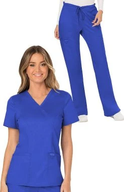 Cherokee Workwear Women's Mock Wrap Solid Scrub Top & Drawstring Flare Scrub