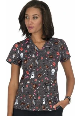 Koi Clearance Women's Leslie Pet Buddies Print Scrub Top
