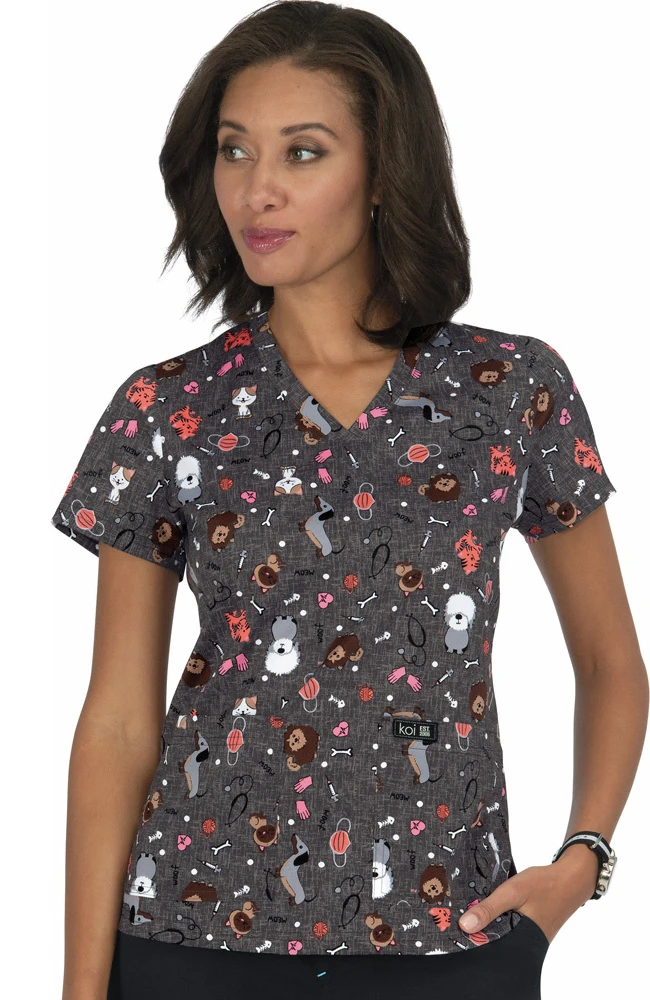 Koi Clearance Women's Leslie Pet Buddies Print Scrub Top