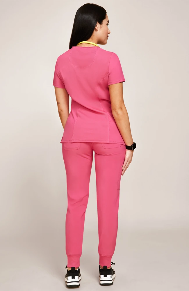 Cherokee Women's Mock Wrap Solid Scrub Top & Tapered Jogger Scrub Pant Set - Image 2