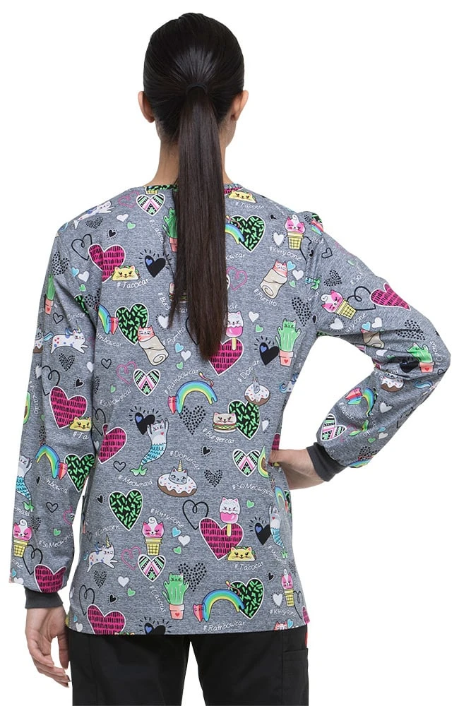 Dickies Clearance Women's Snap Front Warm-Up Cat Print Scrub Jacket - Image 2
