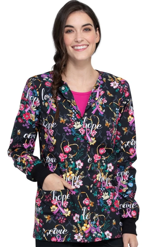 Cherokee Clearance Women's Bouquets Of Hope Print Scrub Jacket - Image 3