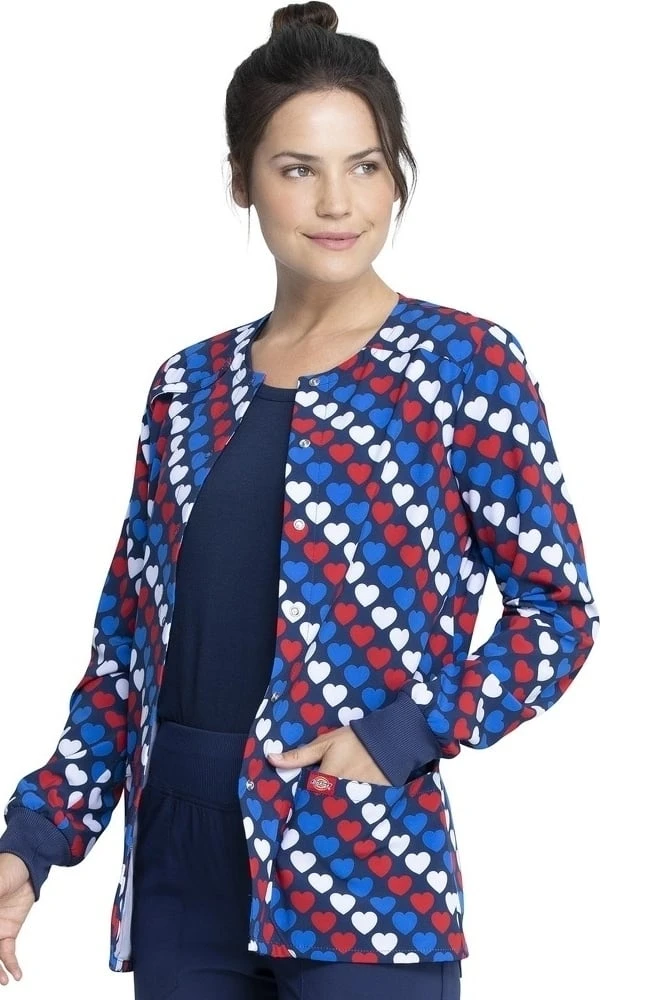 Dickies Clearance Women's Snap Front Americana Hearts Print Scrub Jacket - Image 3