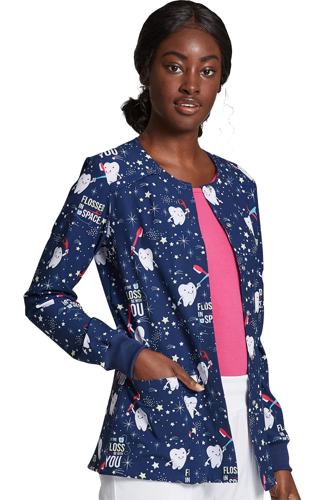 Dickies Clearance Women's Snap Front Flossed In Space Print Scrub Jacket - Image 4