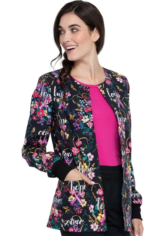Cherokee Clearance Women's Bouquets Of Hope Print Scrub Jacket - Image 5